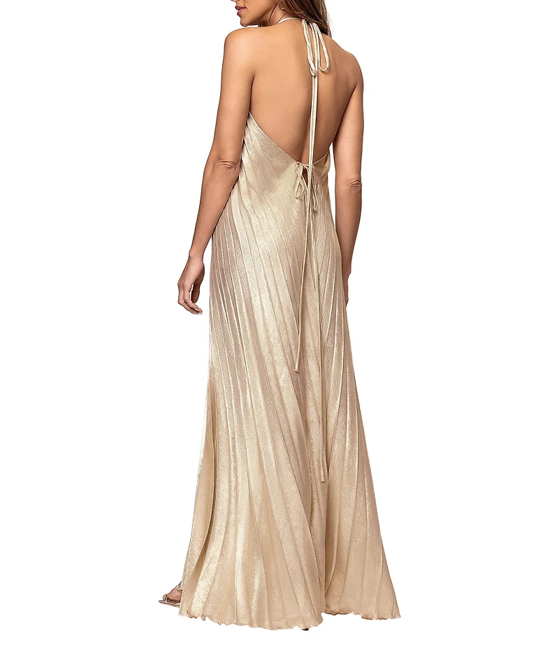 Xscape Long Metallic Woven Halter Pleated Long Dress