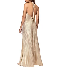 Xscape Long Metallic Woven Halter Pleated Long Dress