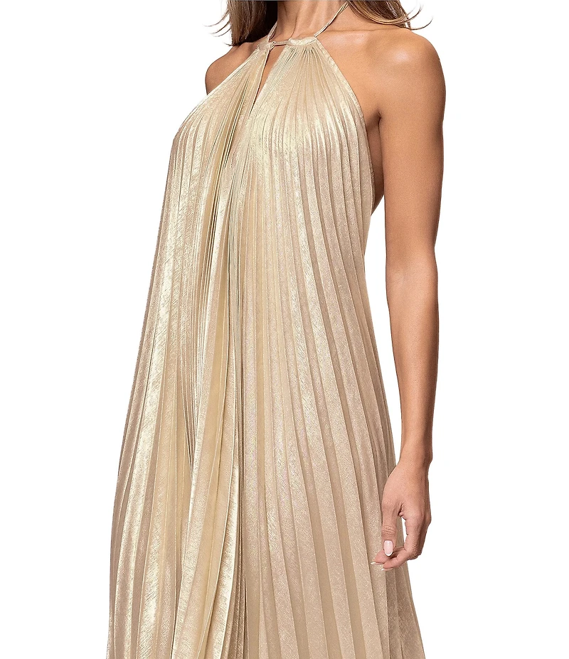 Xscape Long Metallic Woven Halter Pleated Long Dress