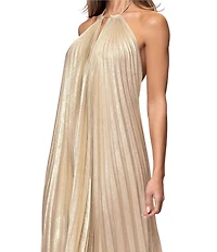 Xscape Long Metallic Woven Halter Pleated Long Dress