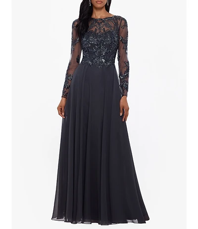 Xscape Illusion Crew Neck Long Sleeve Floral Beaded Bodice Chiffon Gown