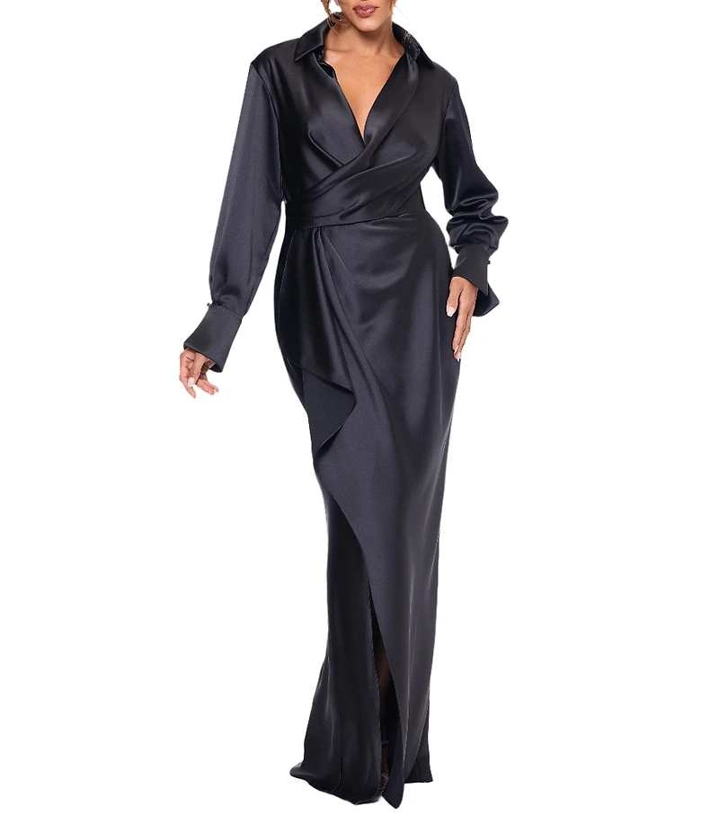 Xscape Long Sleeve Collared V-Neck Satin Dress