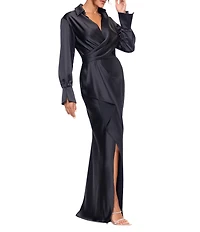 Xscape Long Sleeve Collared V-Neck Satin Dress