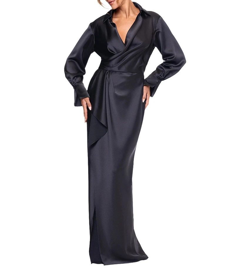 Xscape Long Sleeve Collared V-Neck Satin Dress