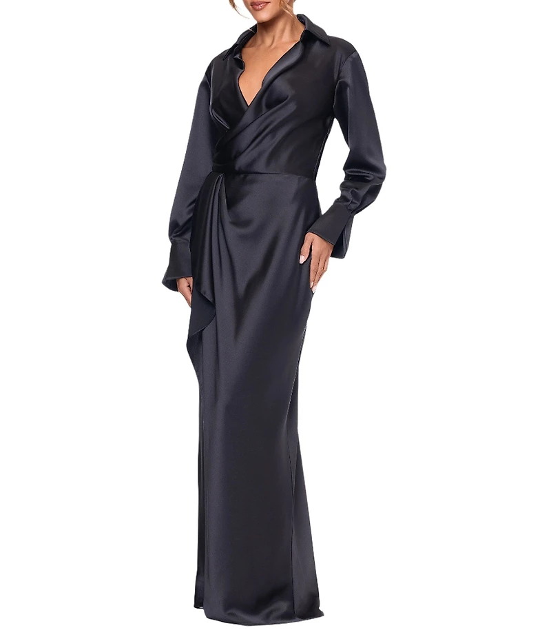 Xscape Long Sleeve Collared V-Neck Satin Dress