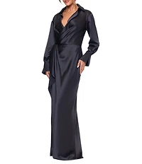 Xscape Long Sleeve Collared V-Neck Satin Dress