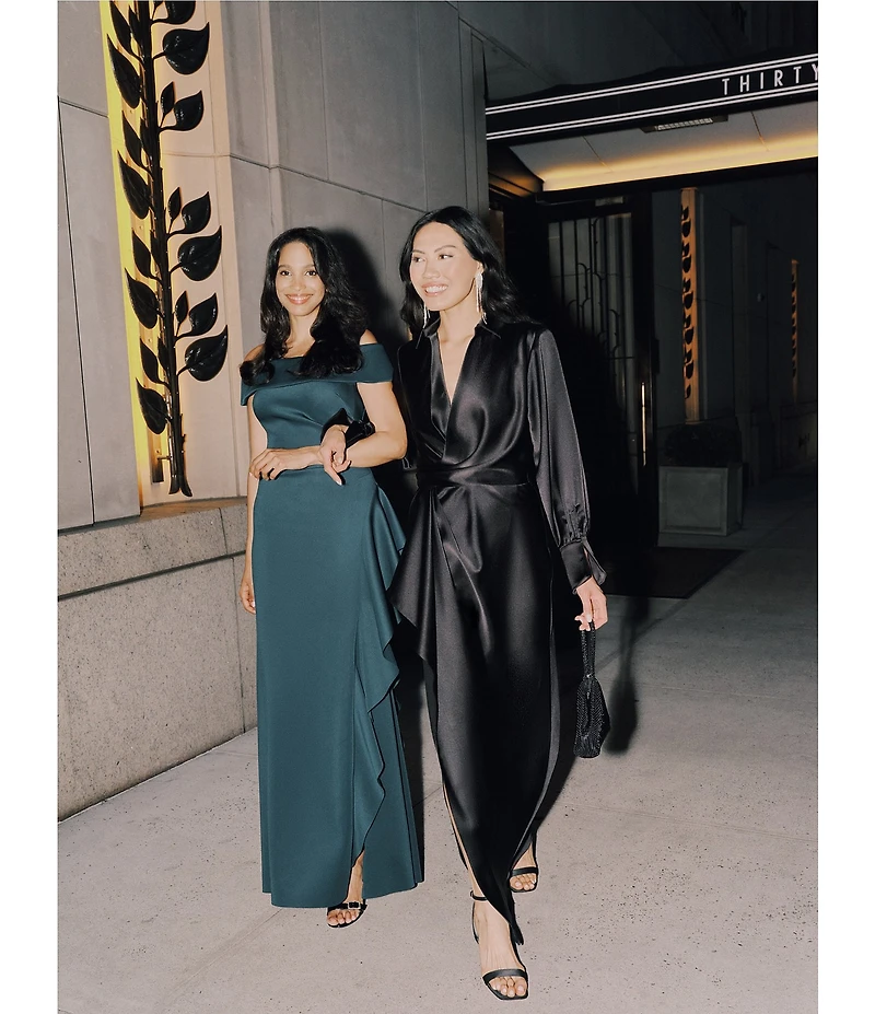 Xscape Long Sleeve Collared V-Neck Satin Dress