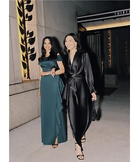 Xscape Long Sleeve Collared V-Neck Satin Dress