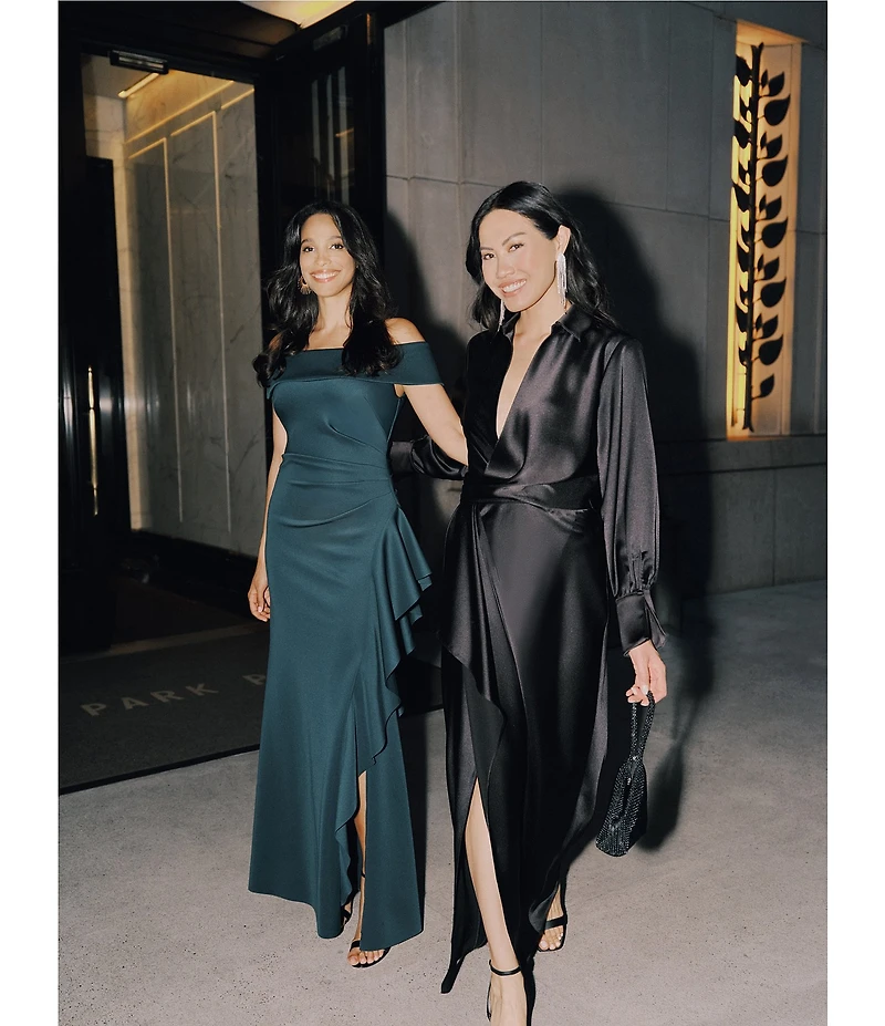 Xscape Long Sleeve Collared V-Neck Satin Dress