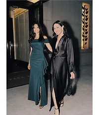 Xscape Long Sleeve Collared V-Neck Satin Dress