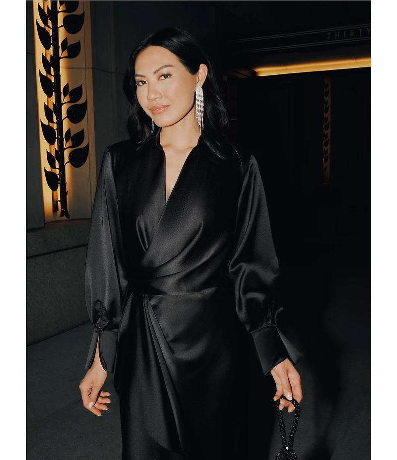 Xscape Long Sleeve Collared V-Neck Satin Dress