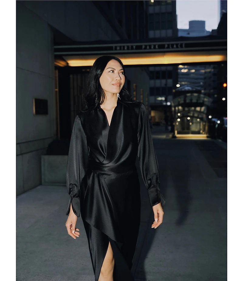 Xscape Long Sleeve Collared V-Neck Satin Dress