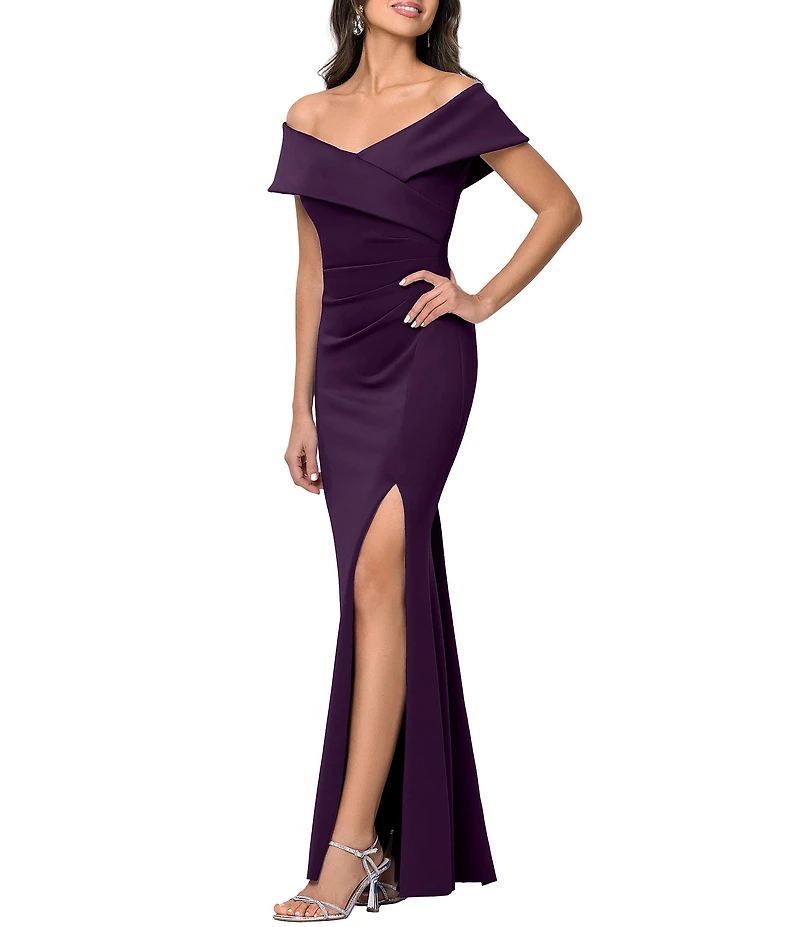 Xscape Long Tech Scuba Rouched Dress