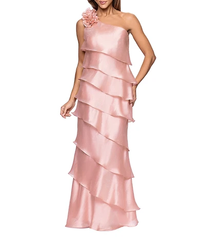 Xscape Metallic Organza One Shoulder Sleeveless Rosette Tiered Gown