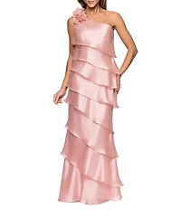 Xscape Metallic Organza One Shoulder Sleeveless Rosette Tiered Gown