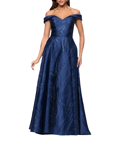 Xscape Metallic Printed Off-The-Shoulder Jacquard Gown