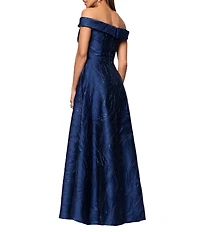 Xscape Metallic Printed Off-The-Shoulder Jacquard Gown