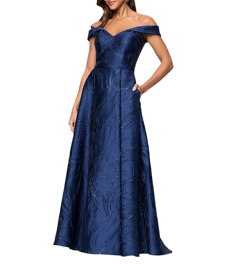 Xscape Metallic Printed Off-The-Shoulder Jacquard Gown