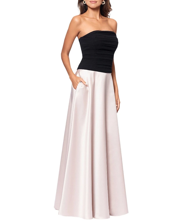 Xscape Mixed Media Satin Strapless Neck Sleeveless A-Line Gown