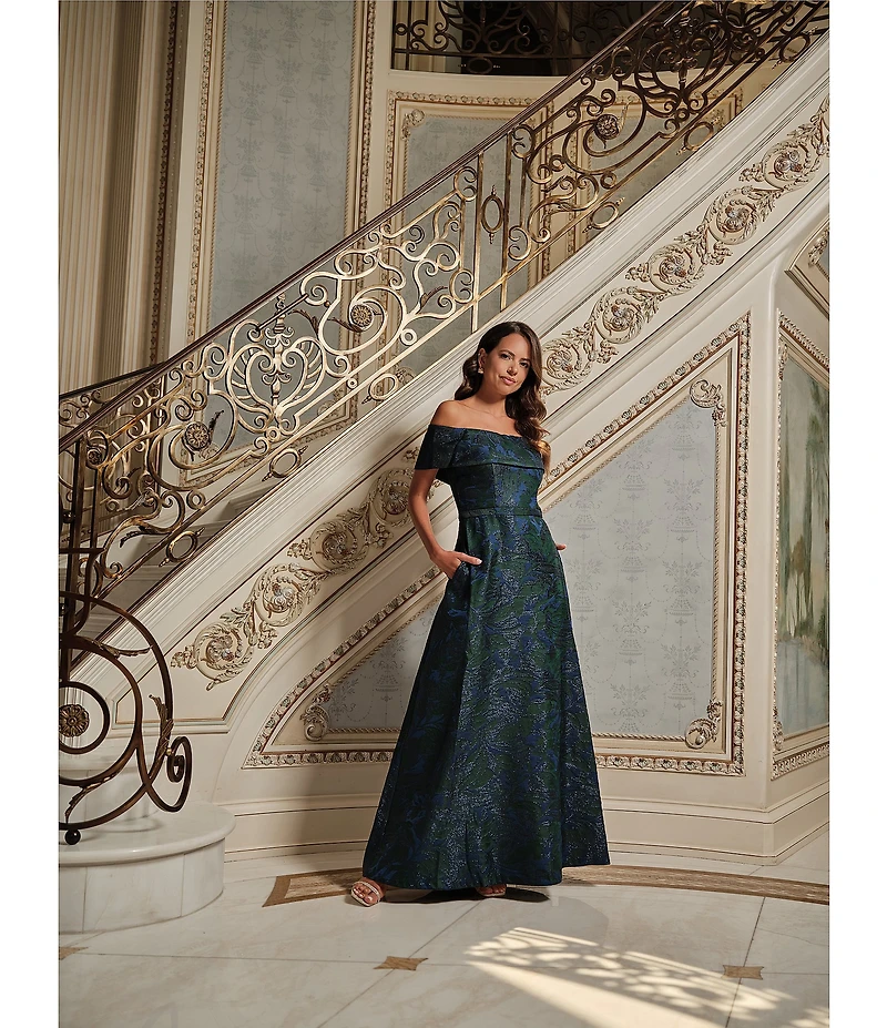 Xscape Off-the-Shoulder Jacquard Ball Gown