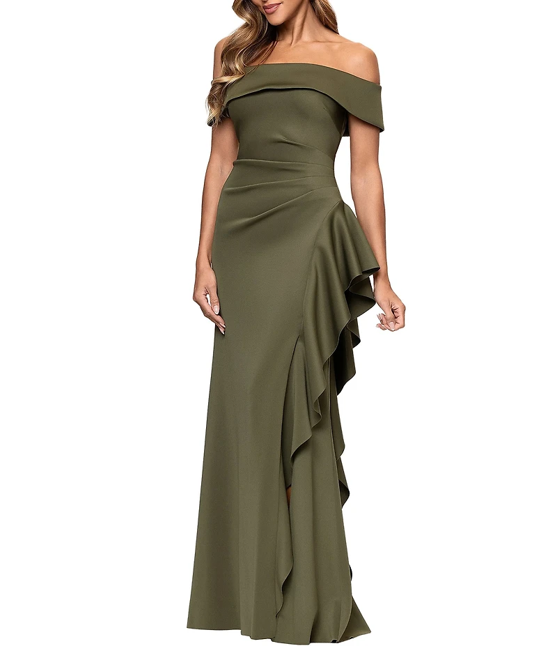 Xscape Off the Shoulder Ruffle Crepe Gown