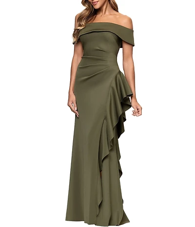 Xscape Off the Shoulder Ruffle Crepe Gown