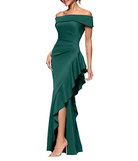Xscape Off the Shoulder Ruffle Crepe Gown