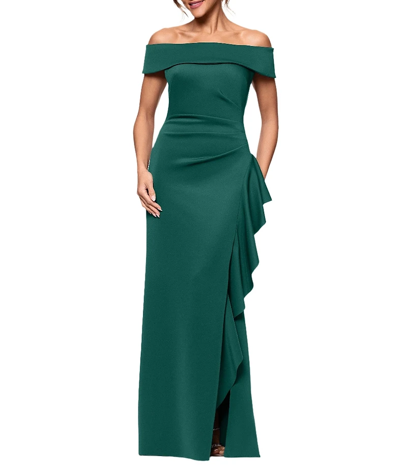 Xscape Off the Shoulder Ruffle Crepe Gown
