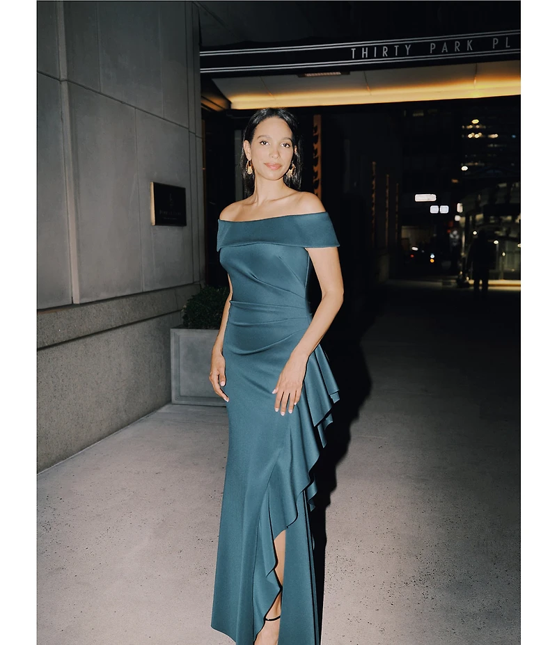 Xscape Off the Shoulder Ruffle Crepe Gown