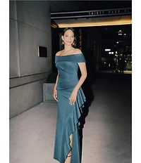 Xscape Off the Shoulder Ruffle Crepe Gown
