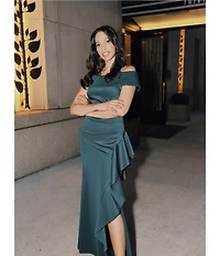 Xscape Off the Shoulder Ruffle Crepe Gown