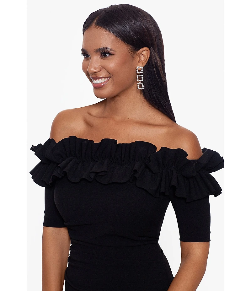 Xscape Off-the-Shoulder Ruffle Neck Short Sleeve Stretch Scuba Crepe Dress