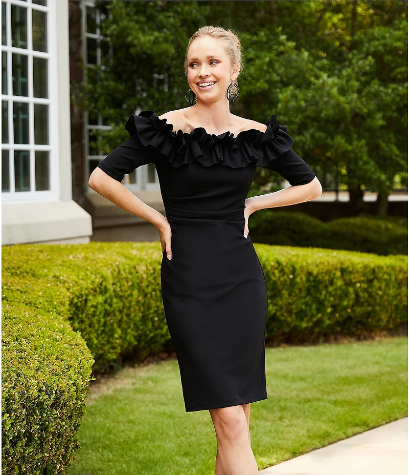 Xscape Off-the-Shoulder Ruffle Neck Short Sleeve Stretch Scuba Crepe Dress