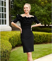 Xscape Off-the-Shoulder Ruffle Neck Short Sleeve Stretch Scuba Crepe Dress