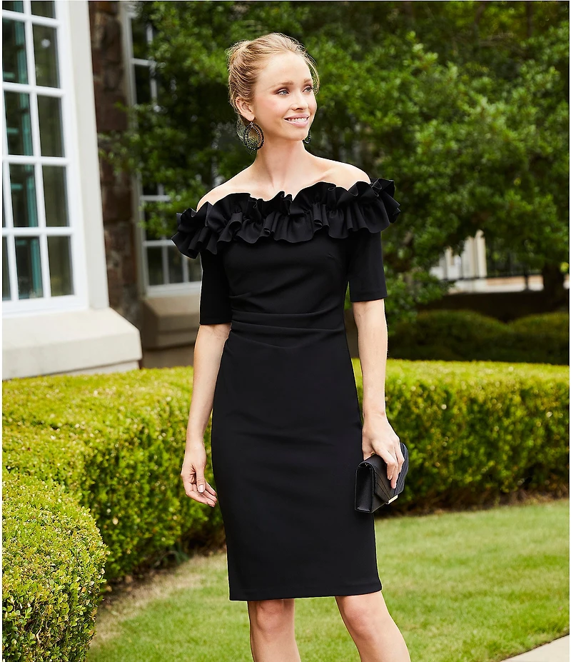Xscape Off-the-Shoulder Ruffle Neck Short Sleeve Stretch Scuba Crepe Dress