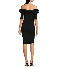 Xscape Off-the-Shoulder Ruffle Neck Short Sleeve Stretch Scuba Crepe Dress