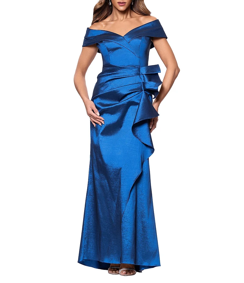 Xscape Off The Shoulder Taffeta Front Ruffle Dress