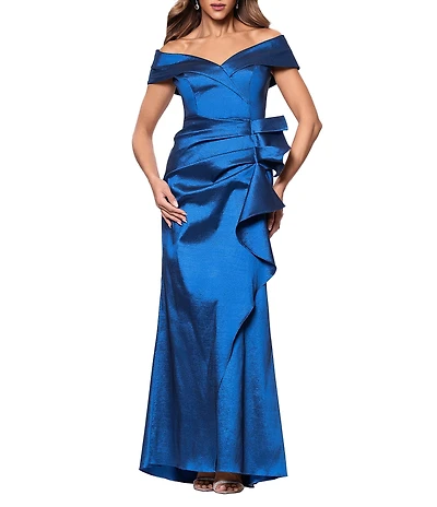 Xscape Off The Shoulder Taffeta Front Ruffle Dress
