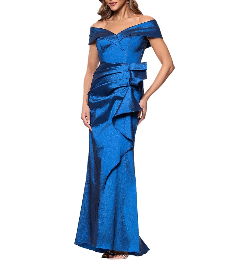 Xscape Off The Shoulder Taffeta Front Ruffle Dress