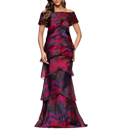 Xscape Off-the-Shoulder Tiered Floral Print Dress