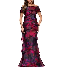 Xscape Off-the-Shoulder Tiered Floral Print Dress