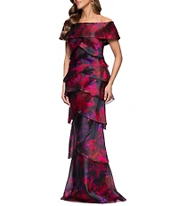 Xscape Off-the-Shoulder Tiered Floral Print Dress