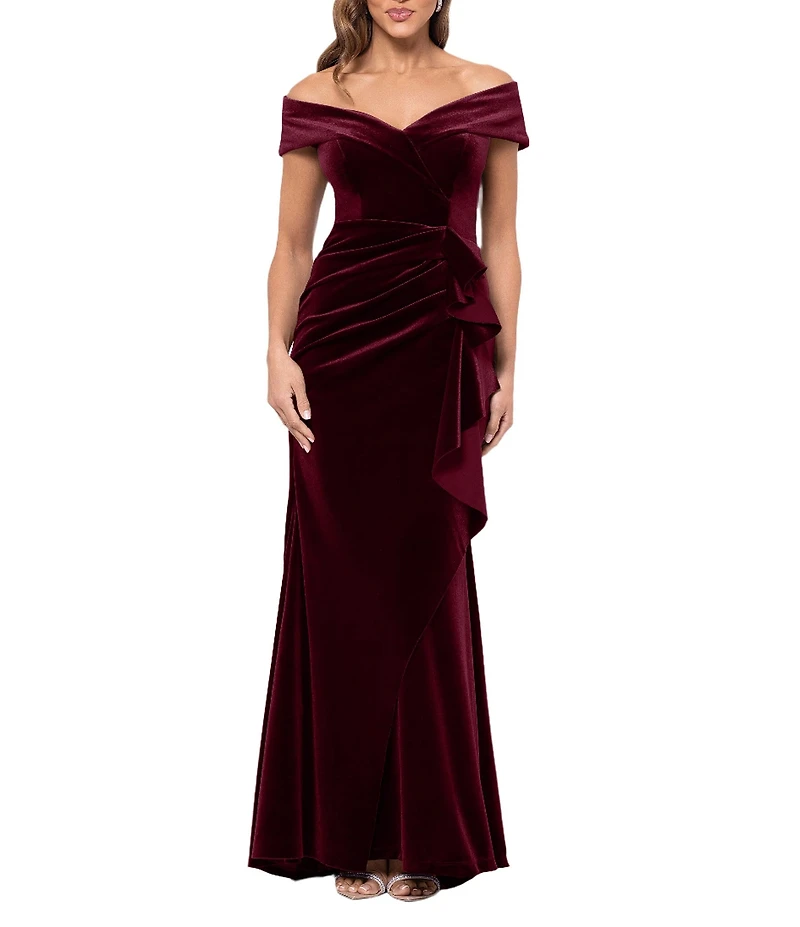 Xscape Off the Shoulder Velvet Ruffle Gown