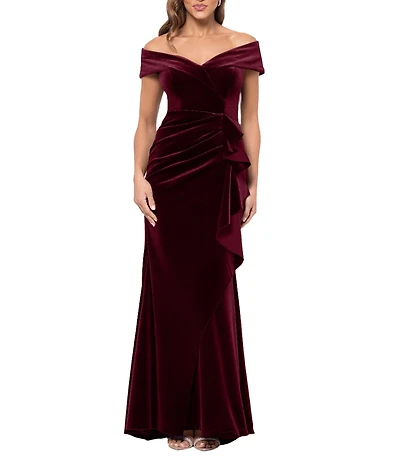 Xscape Off the Shoulder Velvet Ruffle Gown
