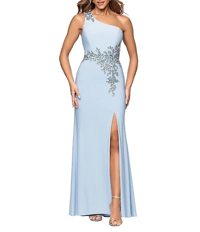 Xscape One Shoulder Beaded Applique Long Dress