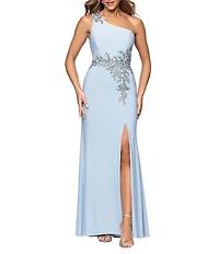 Xscape One Shoulder Beaded Applique Long Dress