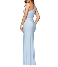 Xscape One Shoulder Beaded Applique Long Dress