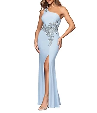 Xscape One Shoulder Beaded Applique Long Dress
