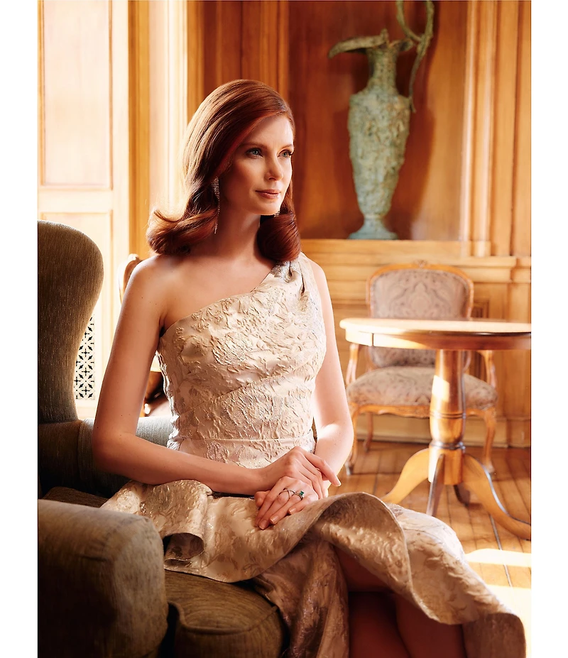 Xscape One Shoulder Cascading Side Ruffle Jacquard Sheath Gown