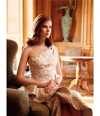 Xscape One Shoulder Cascading Side Ruffle Jacquard Sheath Gown